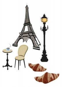 9812059 - eiffel tower, street lamp and cafe and croissant
